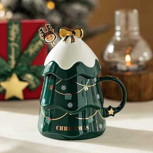 马克杯圣诞节礼物女生高颜值陶瓷杯子带盖勺家用喝水杯 圣诞杯绿 产品